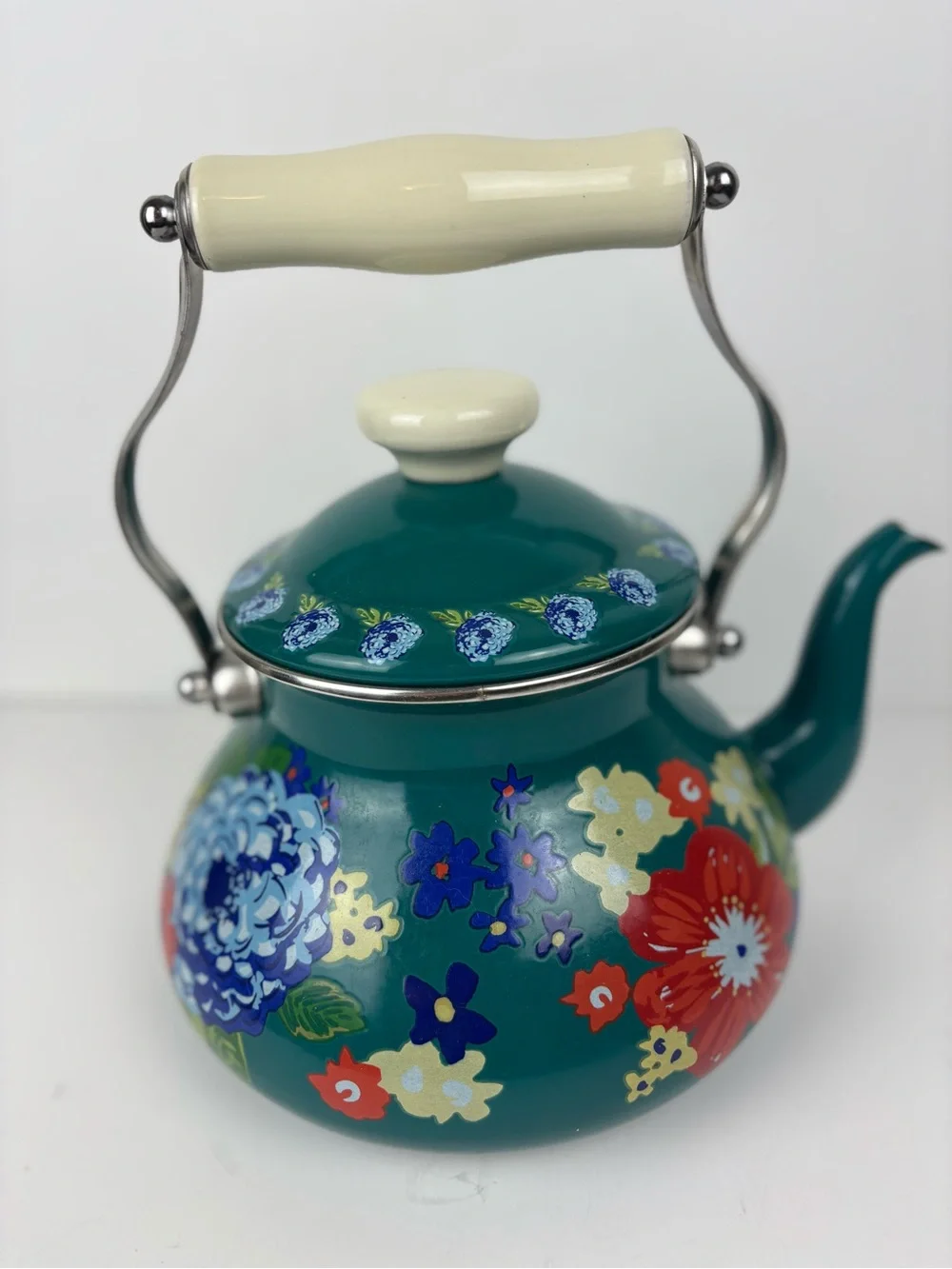 Pioneer Woman Teal Floral Enamel Tea Kettle-EUC-RARE color!